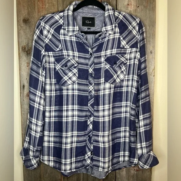 Rails Kendra Plaid Flannel Button Front Shirt Chambray Lined in Indigo sz M - Picture 14 of 14